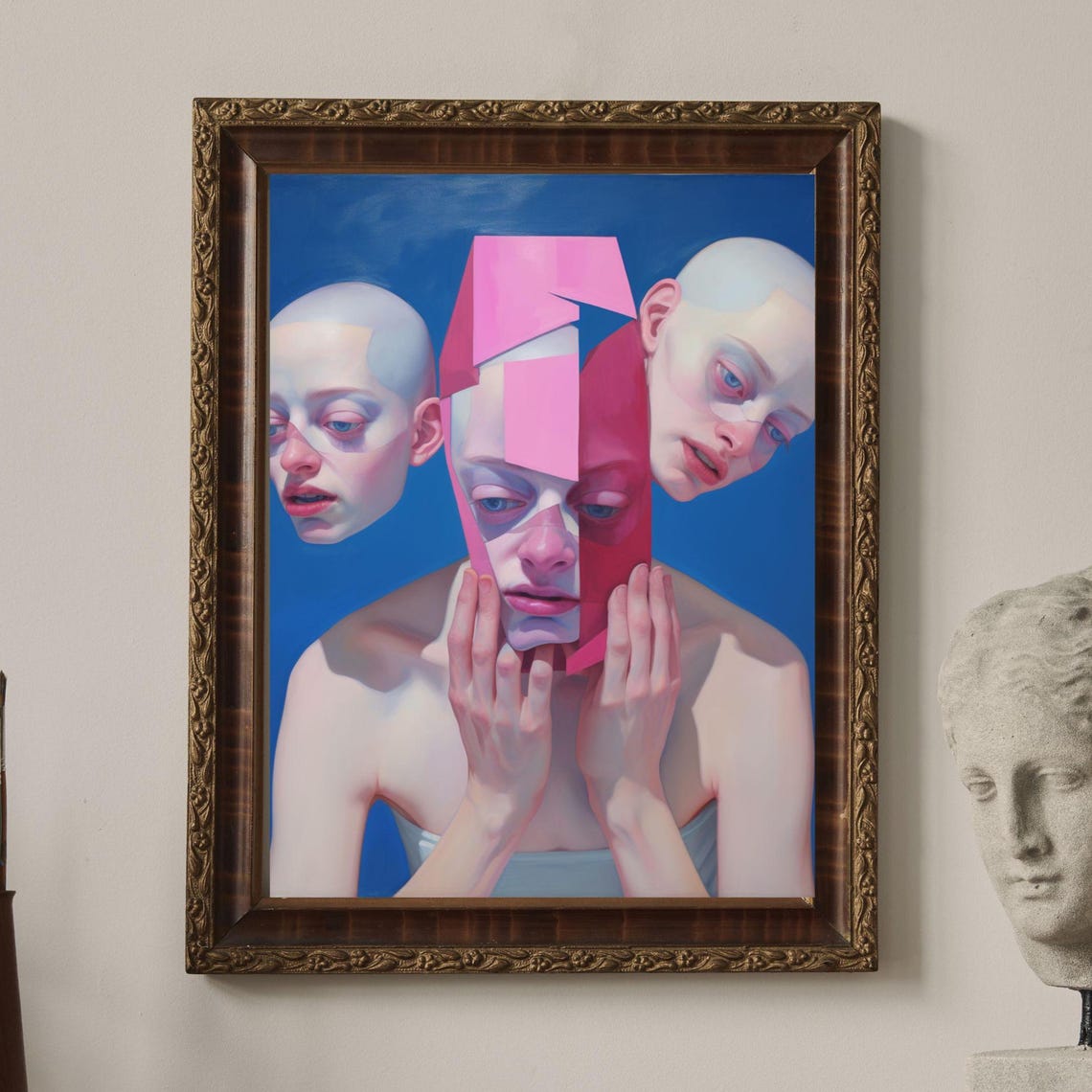 Surreal Three Faces Geometric Mask Cobalt Blue Modern Art Poster