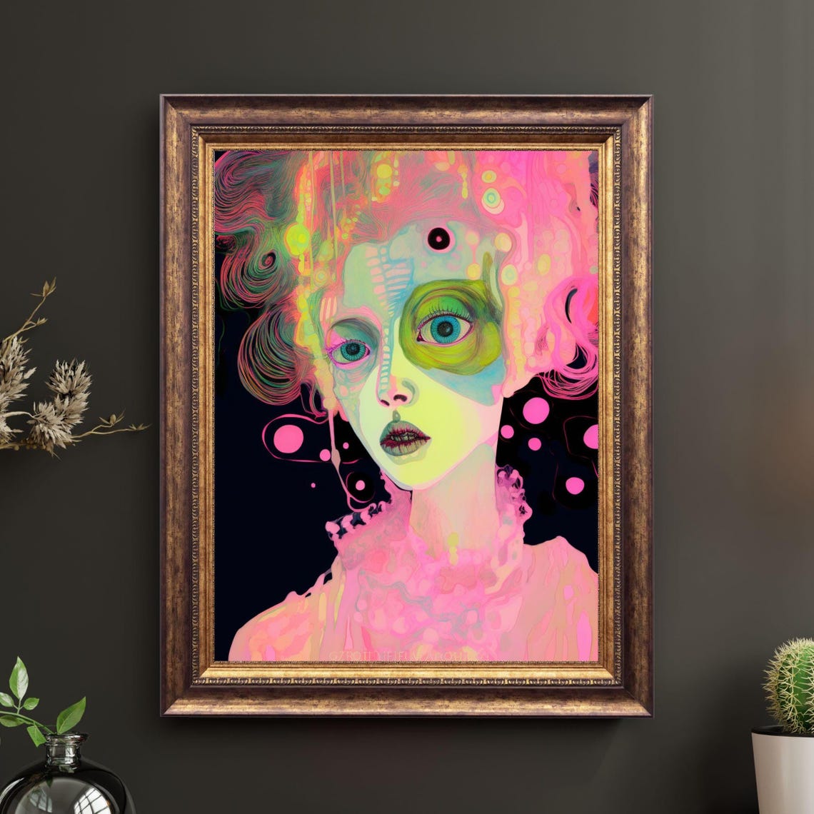 Neon Pop Surreal Portrait Glowing Pink and Green Abstract Face Poster