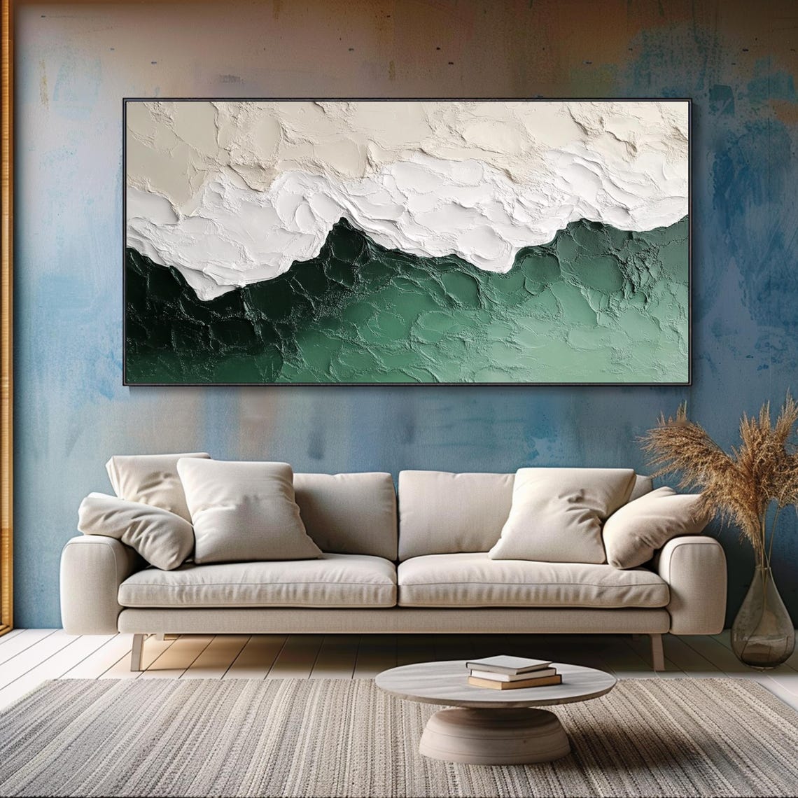 3d Green Minimalist Beach Painting Textured Wall Art Ocean Wave Painting On Wabi Sabi Wall Art Living Room Painting Fashion Decor - Image 3