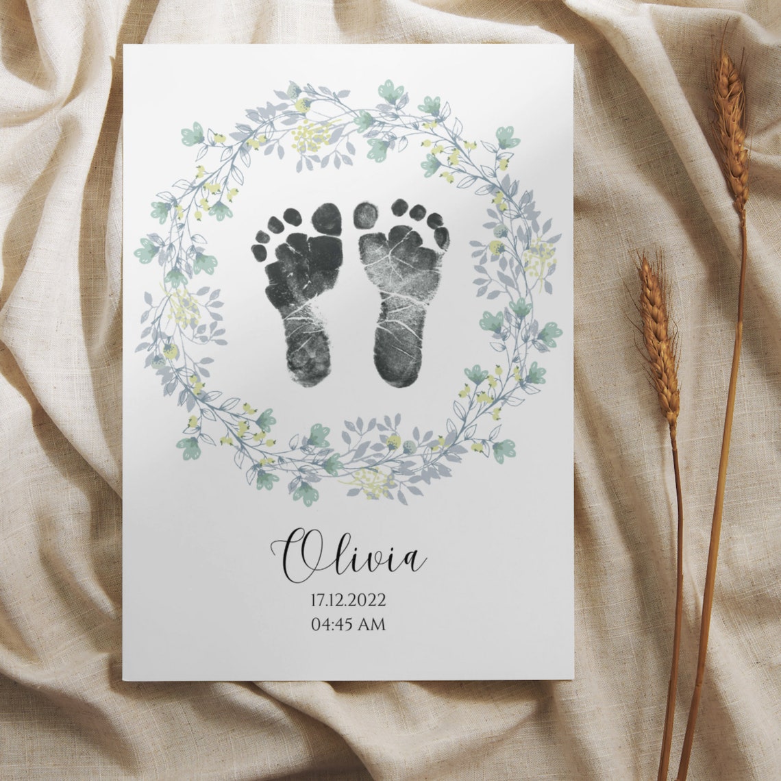 Custom Watercolor Sage Wreath Newborn Foot Print Poster - Image 3