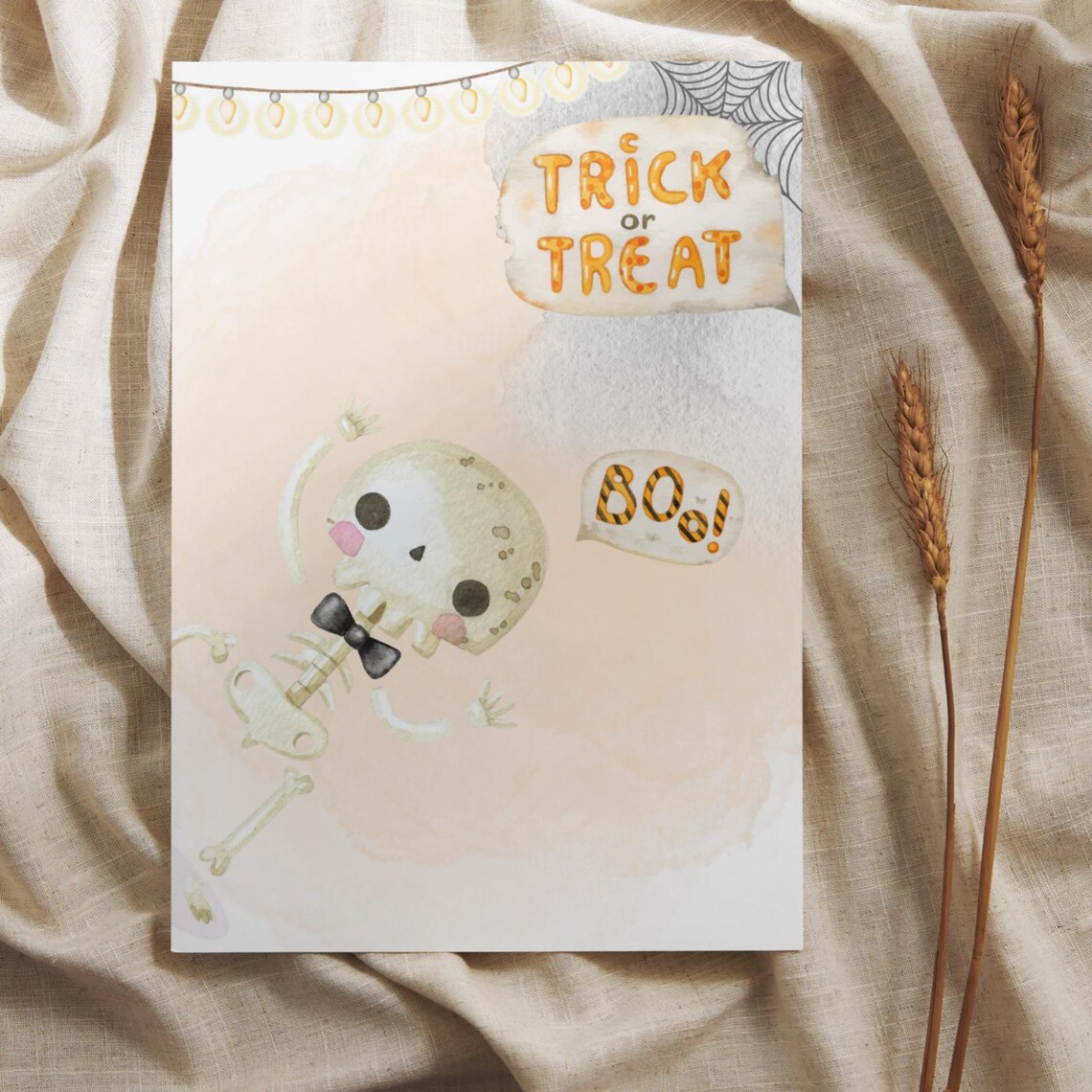 Trick or Treat Boo Baby Handprint Skeleton Bow Tie Halloween Art Poster - Image 2