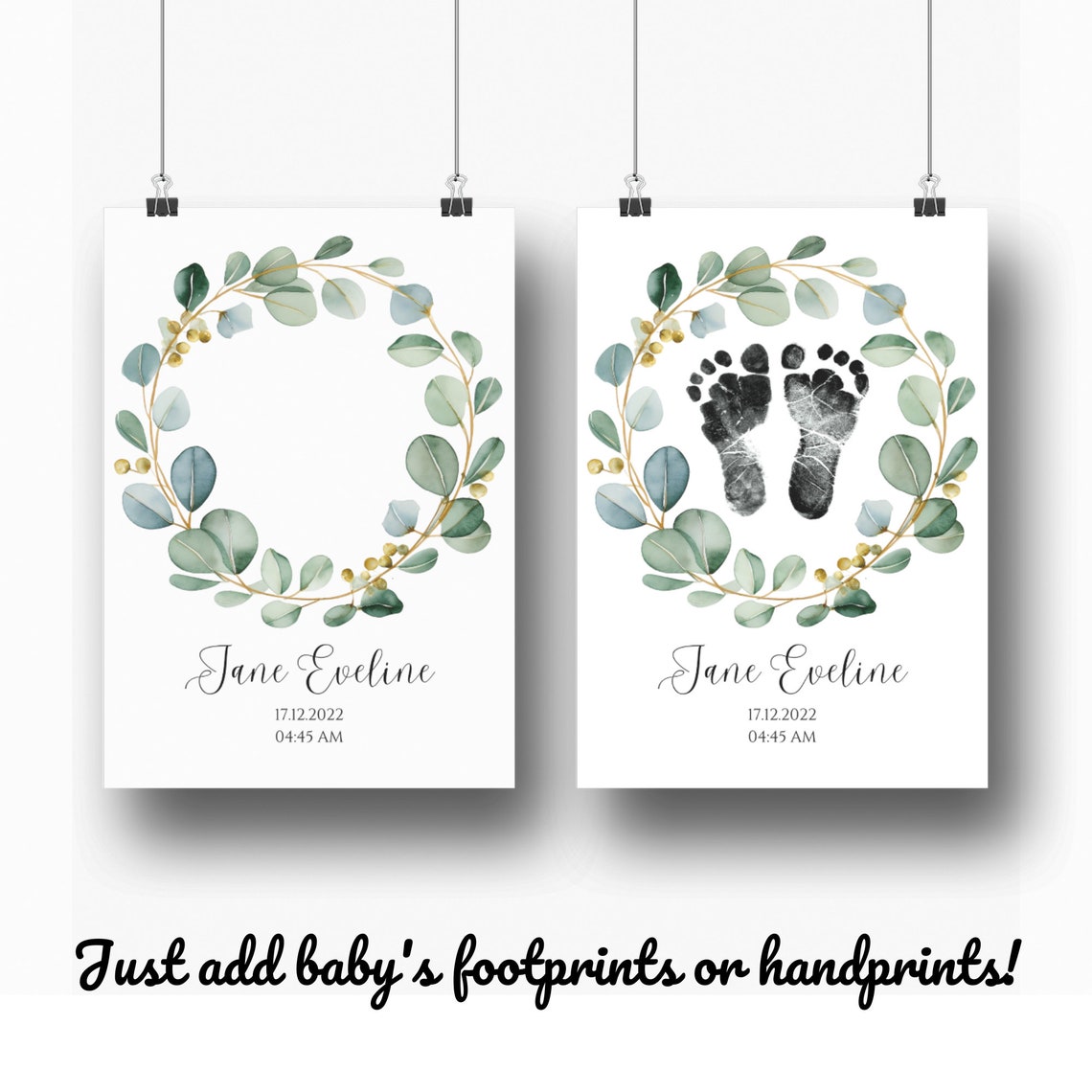 Personalized Baby Footprint Birth Print Eucalyptus Wreath Poster - Image 2