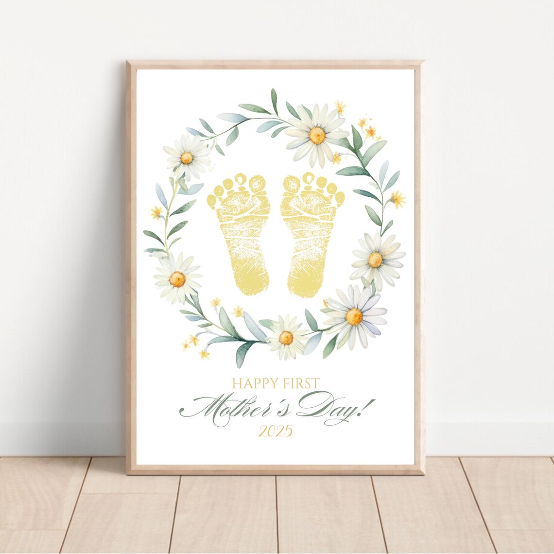 Baby Footprint First Mother's Day Daisy Wreath Gold Keepsake Poster - Image 2