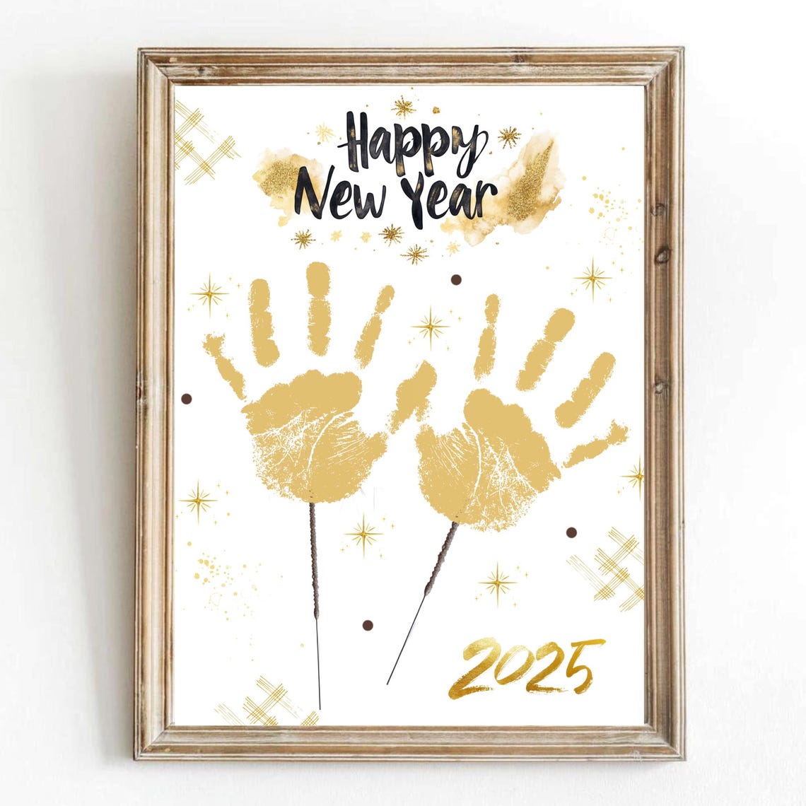 Happy New Year 2025 Gold Handprint Sparkler Fireworks Kids Craft Print