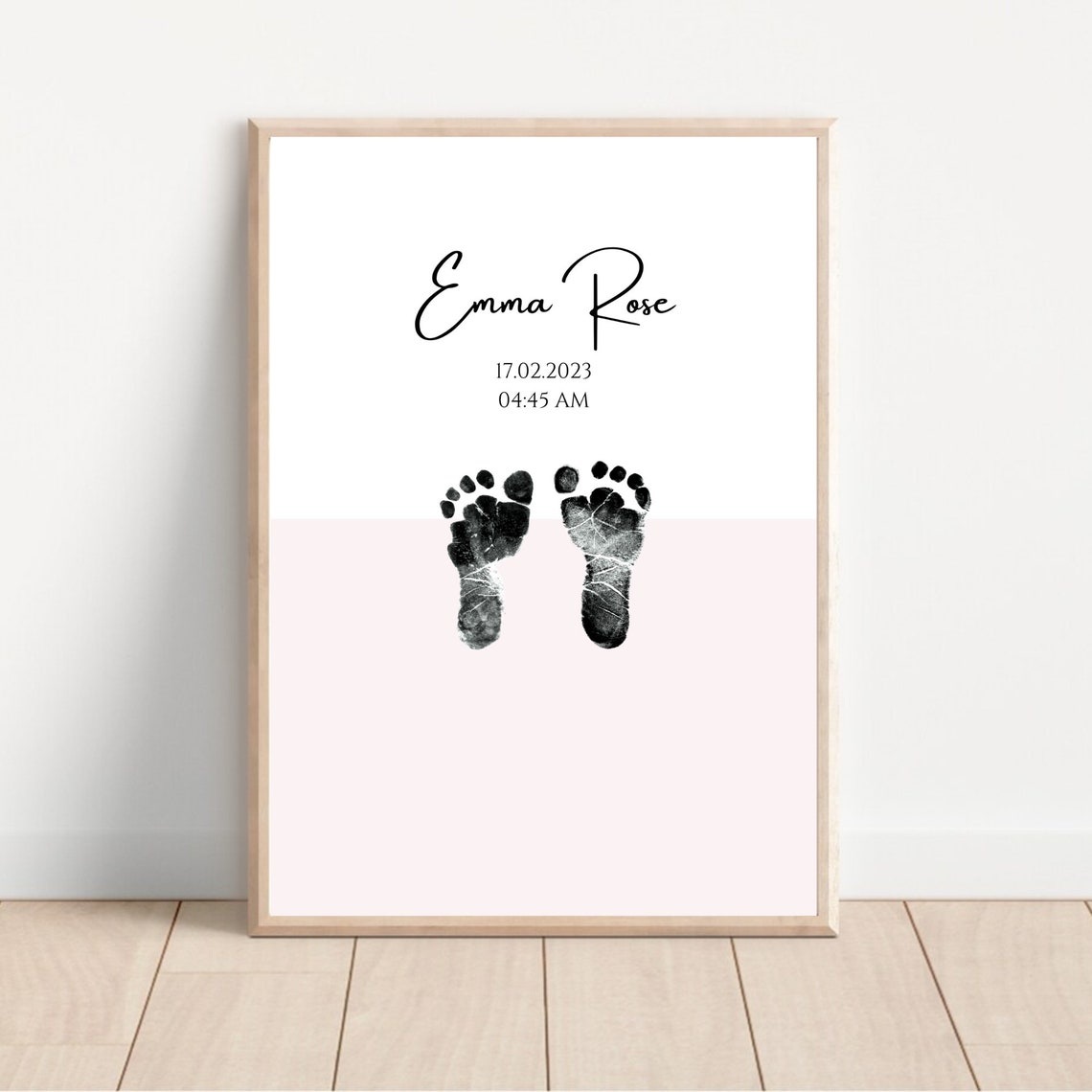 Personalized Minimal Baby Footprint Birth Print Pink Wall Art