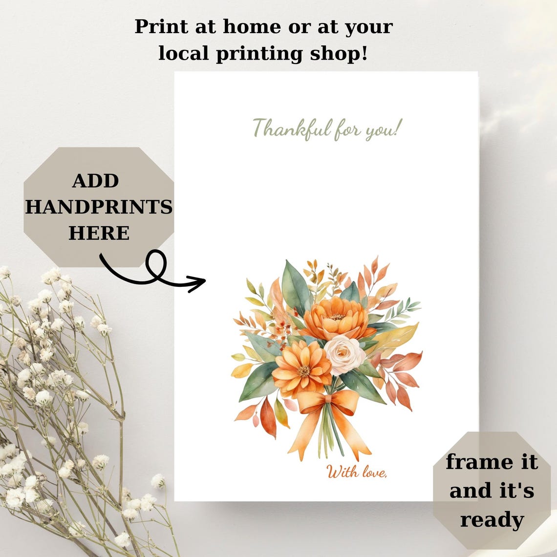 Thanksgiving Handprint Thankful For You Fall Floral Bouquet Art Print - Image 3