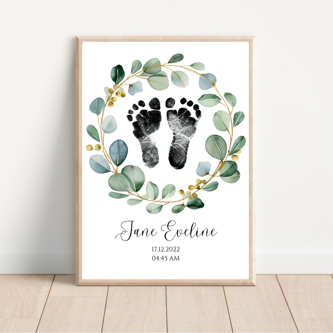 Personalized Baby Footprint Birth Print Eucalyptus Wreath Poster