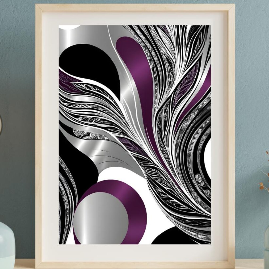 Modern Abstract Art Deep Plum Silver, Art Print