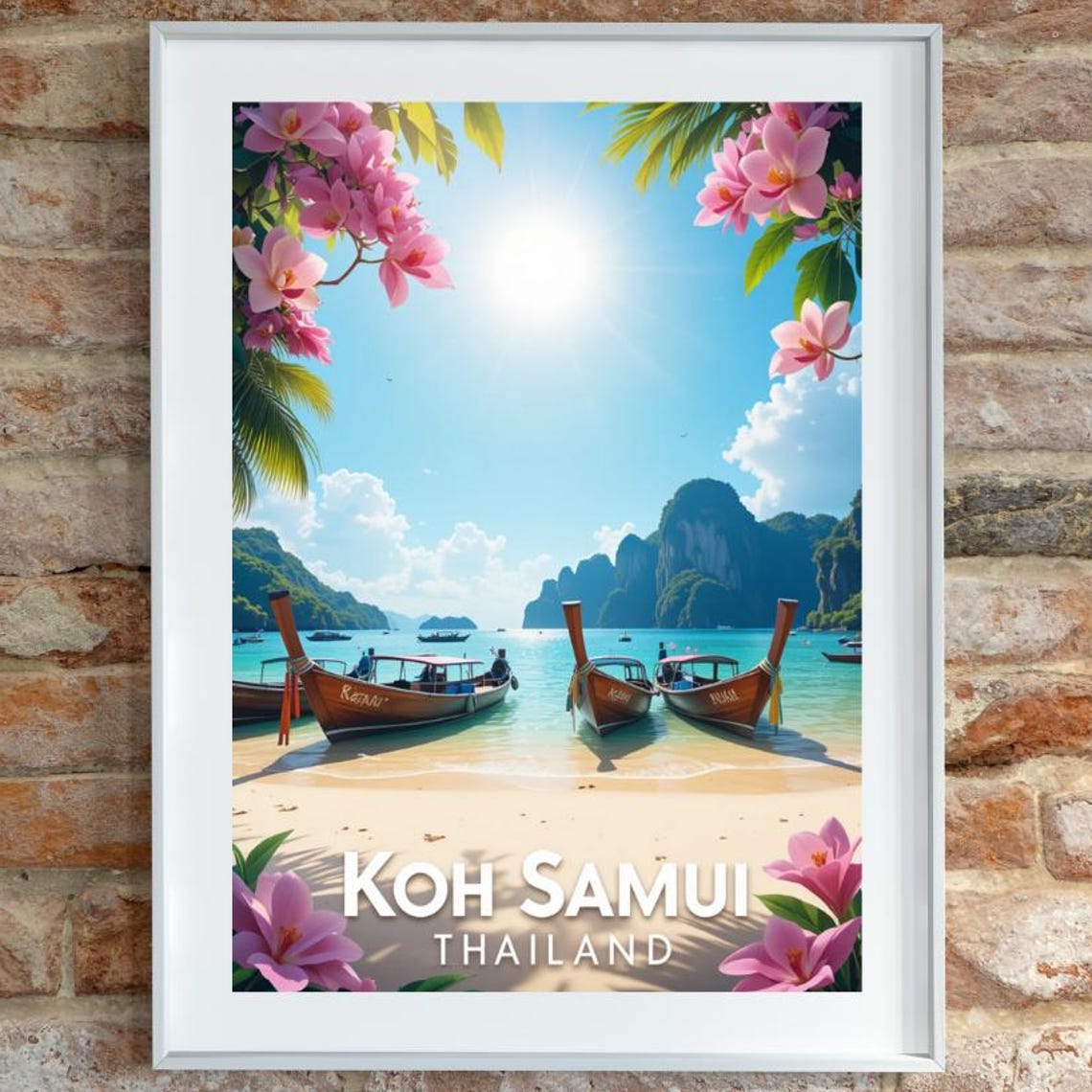 Koh Samui Thailand Longtail Boats Beach Flowers Travel Poster