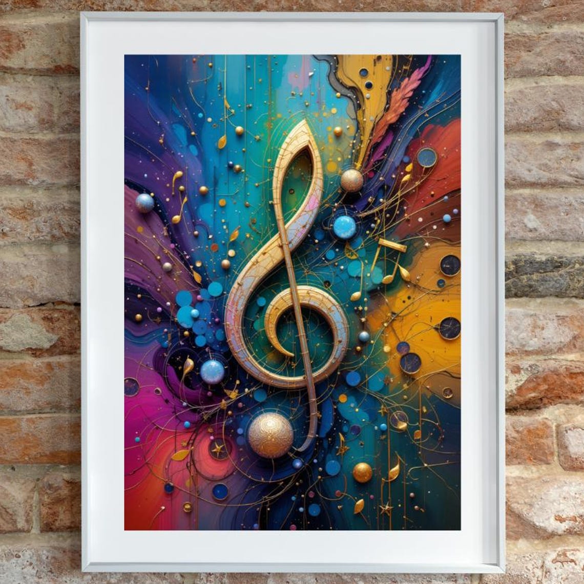 Watercolour Splash Gold Treble Clef Poster in Teal and Violet Hues
