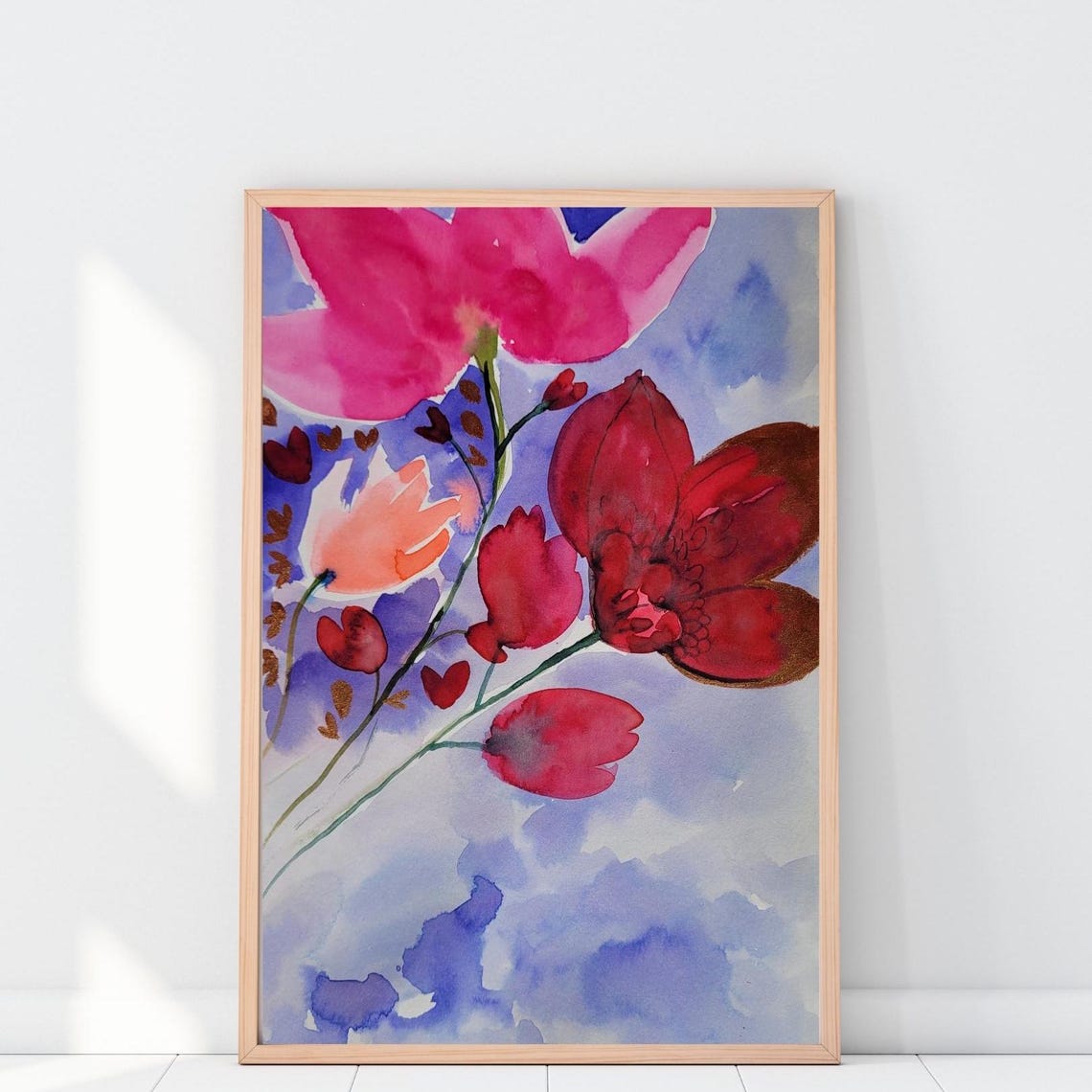 Delicate Pink Poppy Watercolor On Flowing Blue Wash Art Poster