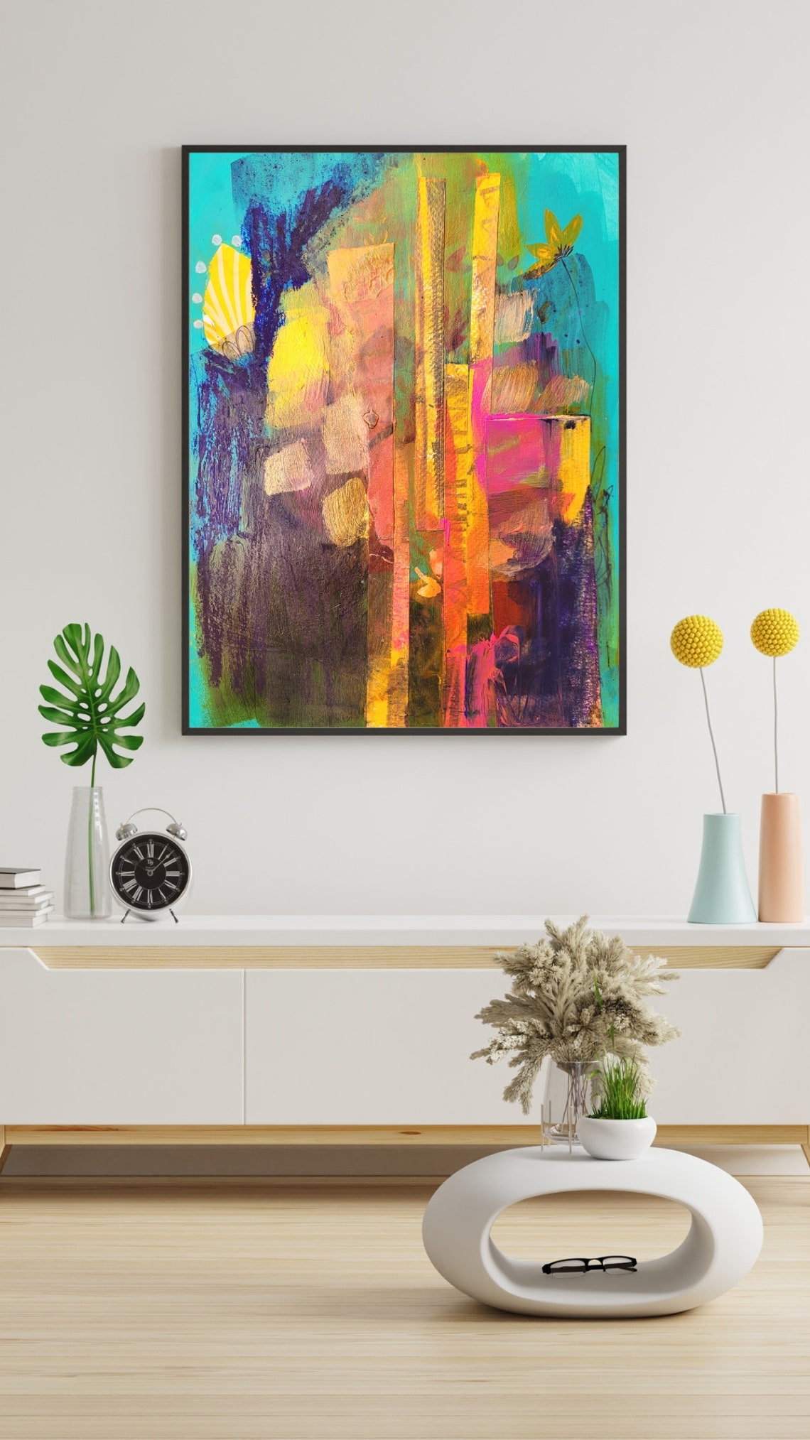 Colorful Abstract Columns of Gold Pink on Turquoise Modern Poster - Image 3