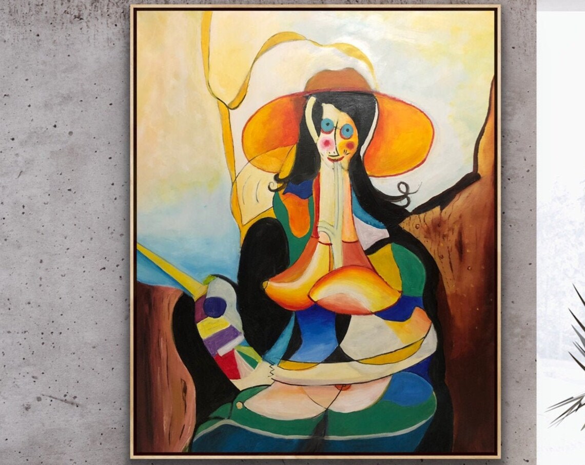 Cubist Woman in Orange Sun Hat Blue Eyes Colorful Painting Poster