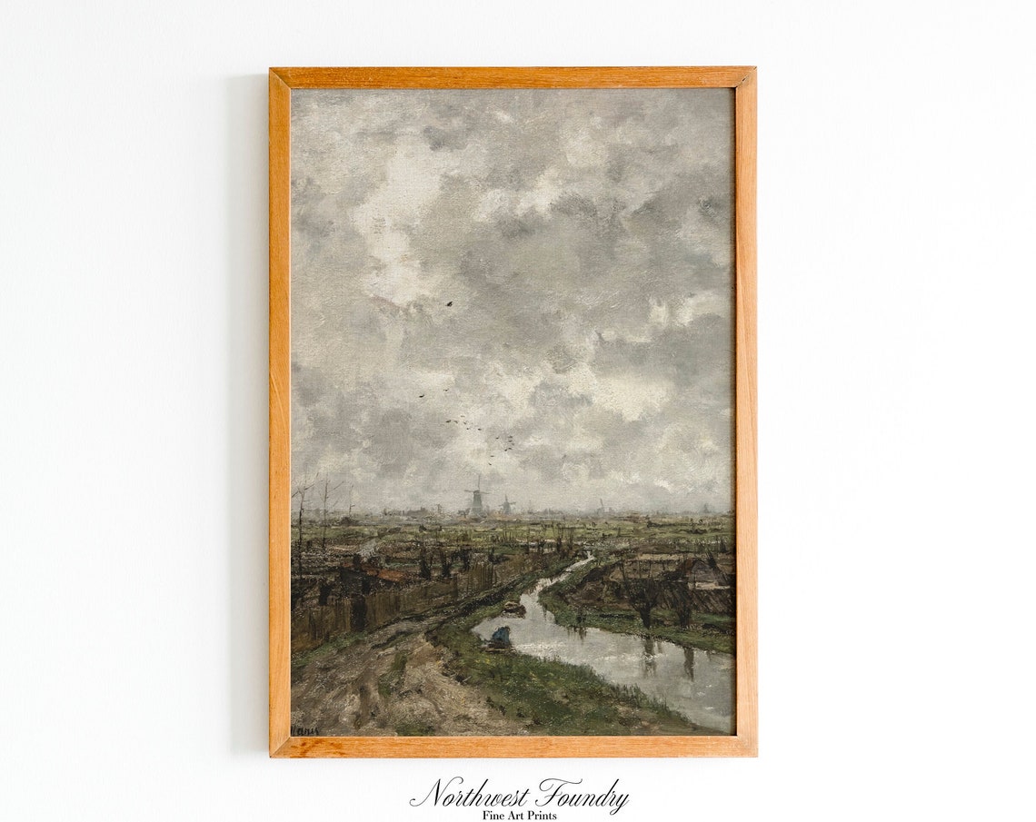 Dutch Canal and Windmill 19th Century Antique Oil Painting Poster