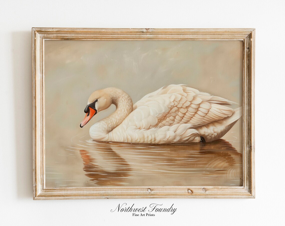 White Swan on Calm Water Neutral Beige Vintage Oil Painting Poster