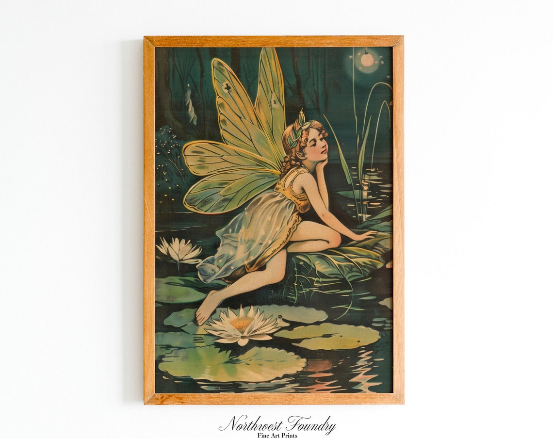 Moonlit Lily Pad Fairy Water Lilies Vintage Fairytale Postcard Poster