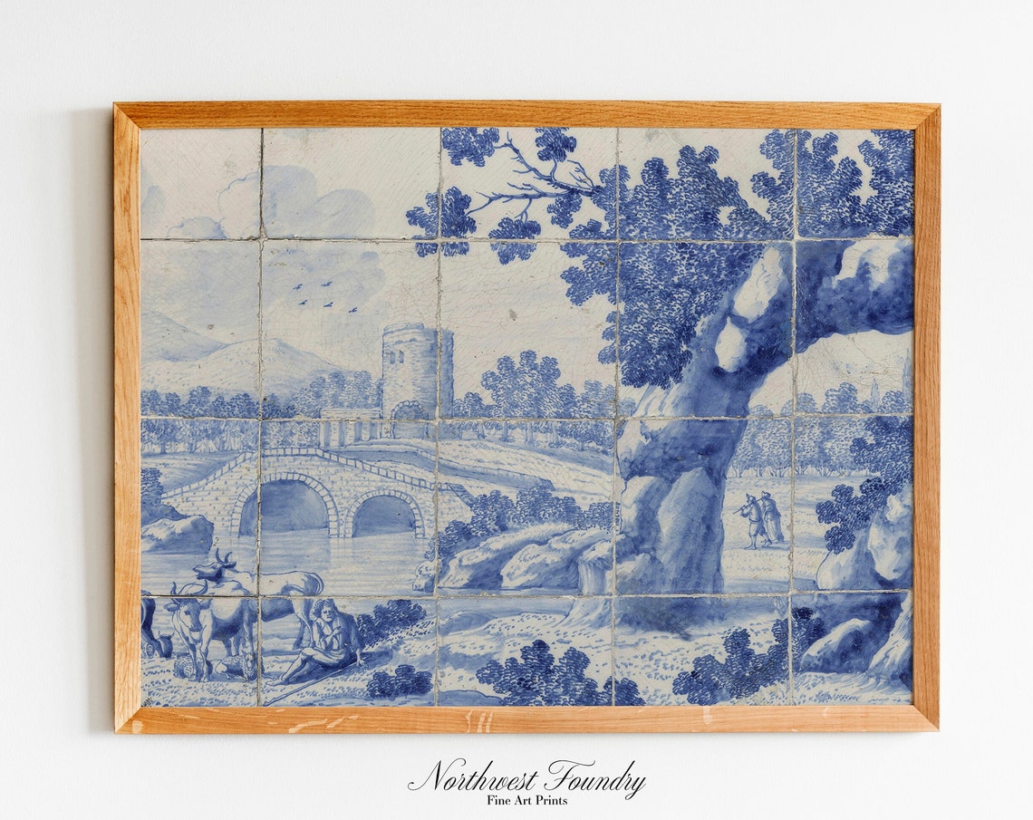 Delft Blue Tile Dutch River Landscape Bridge 18th Century Poster