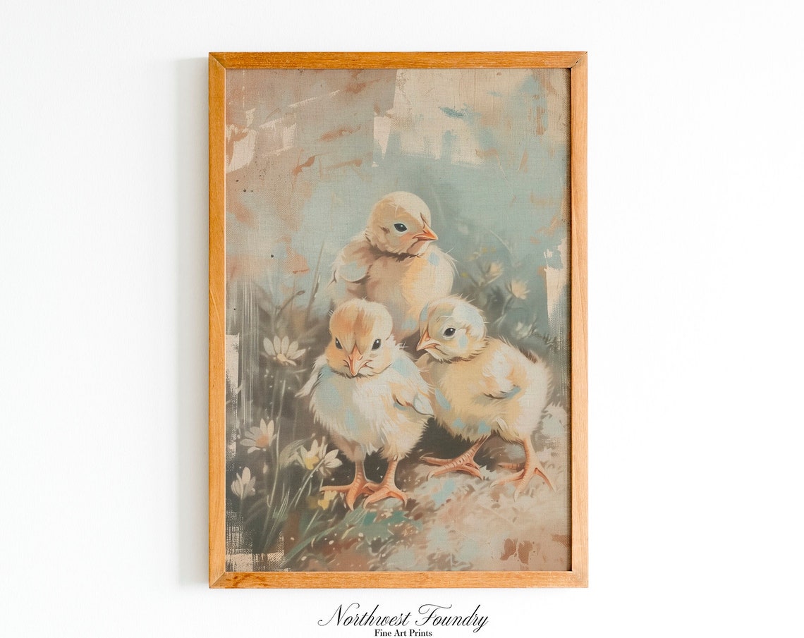 Three Fluffy Baby Chicks Spring Meadow Vintage Oil Painting Poster