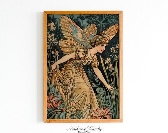 Gold Art Nouveau Fairy Among Flowers Vintage Storybook Poster