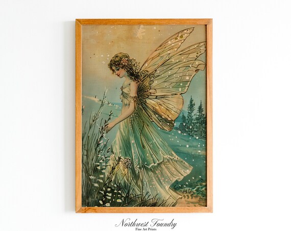 Green Meadow Fairy Translucent Wings Vintage Teal Postcard Poster