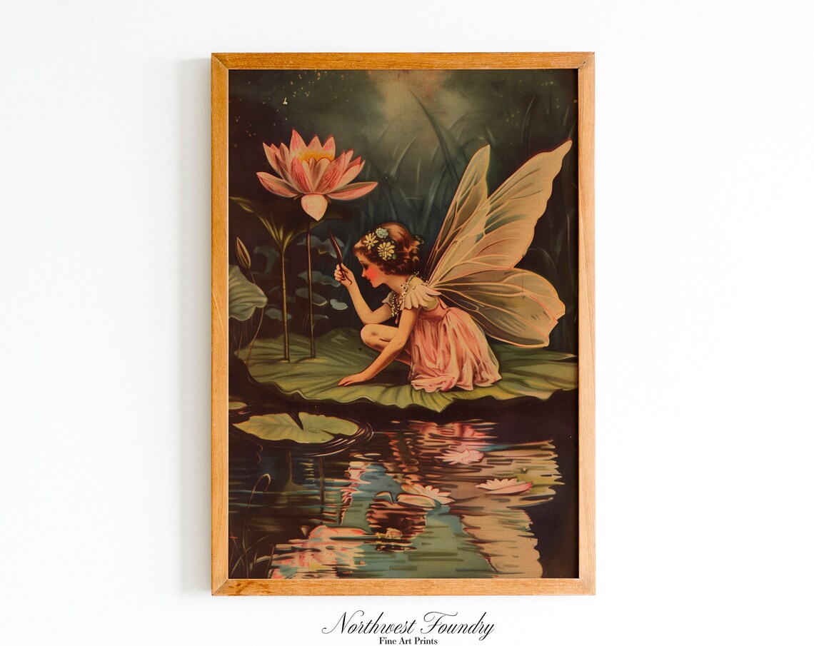 Fairy with Pink Lotus Flower Lily Pad Vintage Fairytale Poster