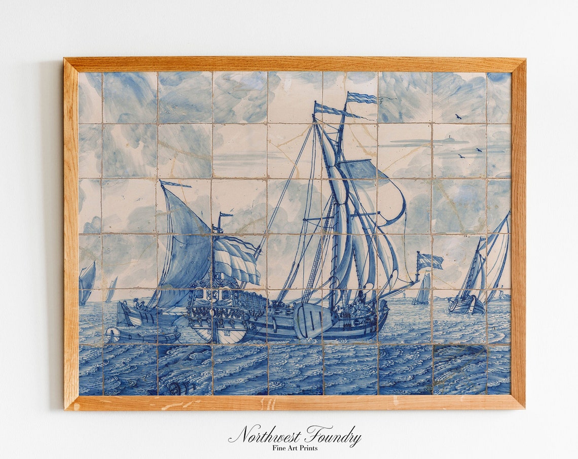 Delft Blue Dutch Tile Sailing Ship Antique Ceramic Seascape Art Poster