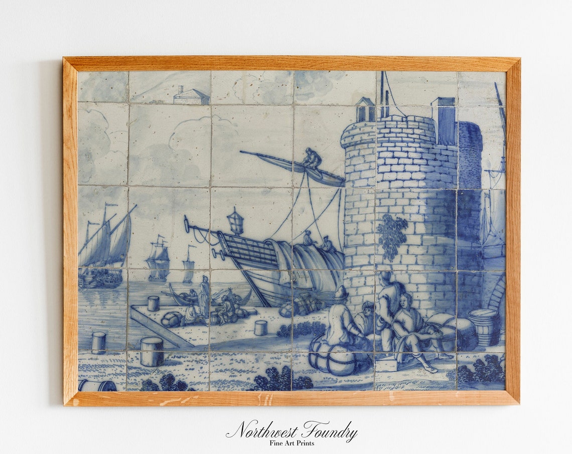 Blue and White Tile Mural of an Old Harbor Fort Scene Poster