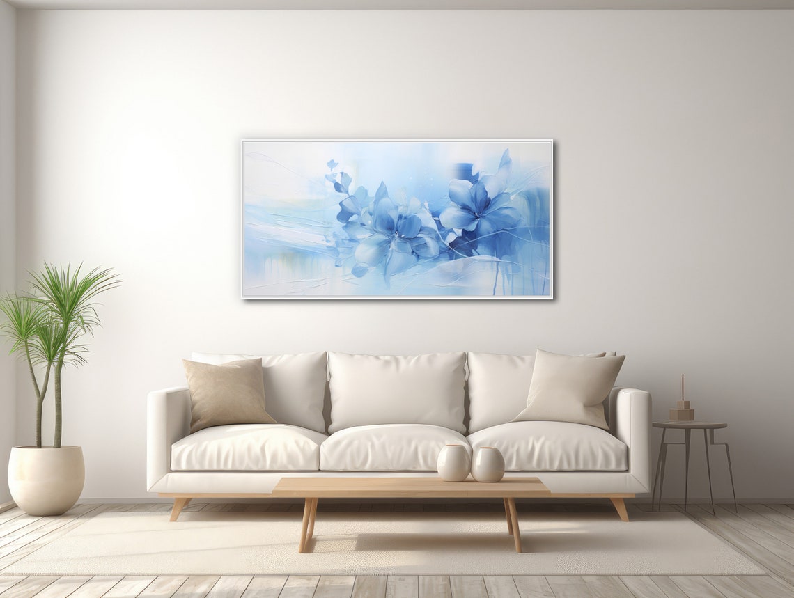 Soft Pale Blue Watercolor Flowers White Panoramic Floral Poster - Image 3