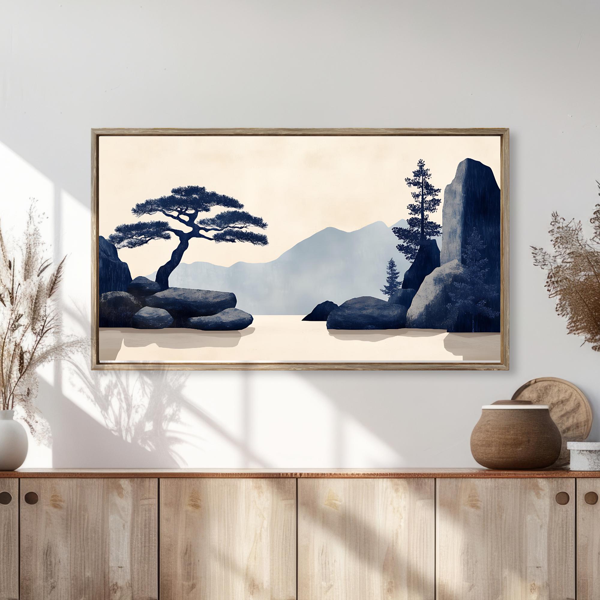 Japandi Zen Pine Tree Misty Mountains Ink Blue Minimal Landscape Poster