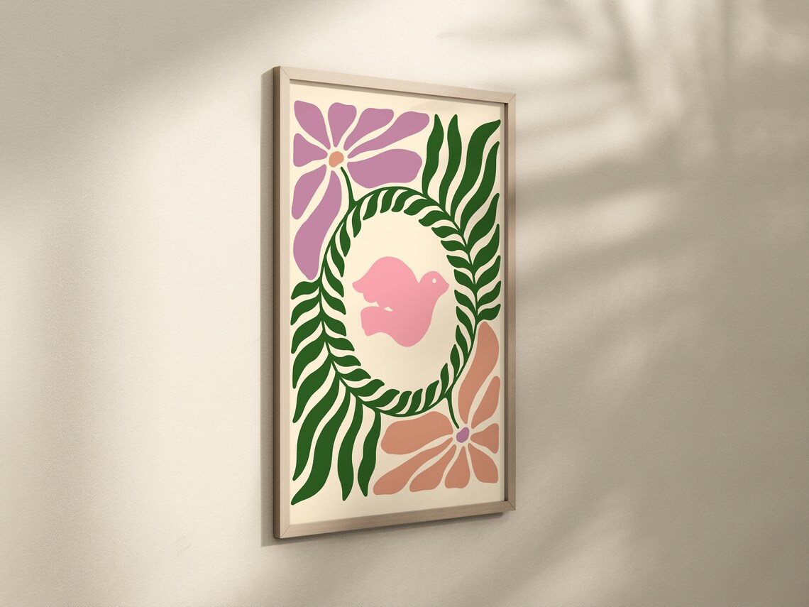 Retro Floral Wreath Pink Bird Botanical Folk Decorative Art Poster - Image 2