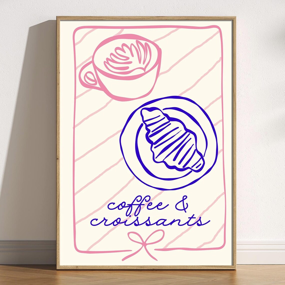 Coffee and Croissants Pink Blue Line Art French Cafe Kitchen Poster