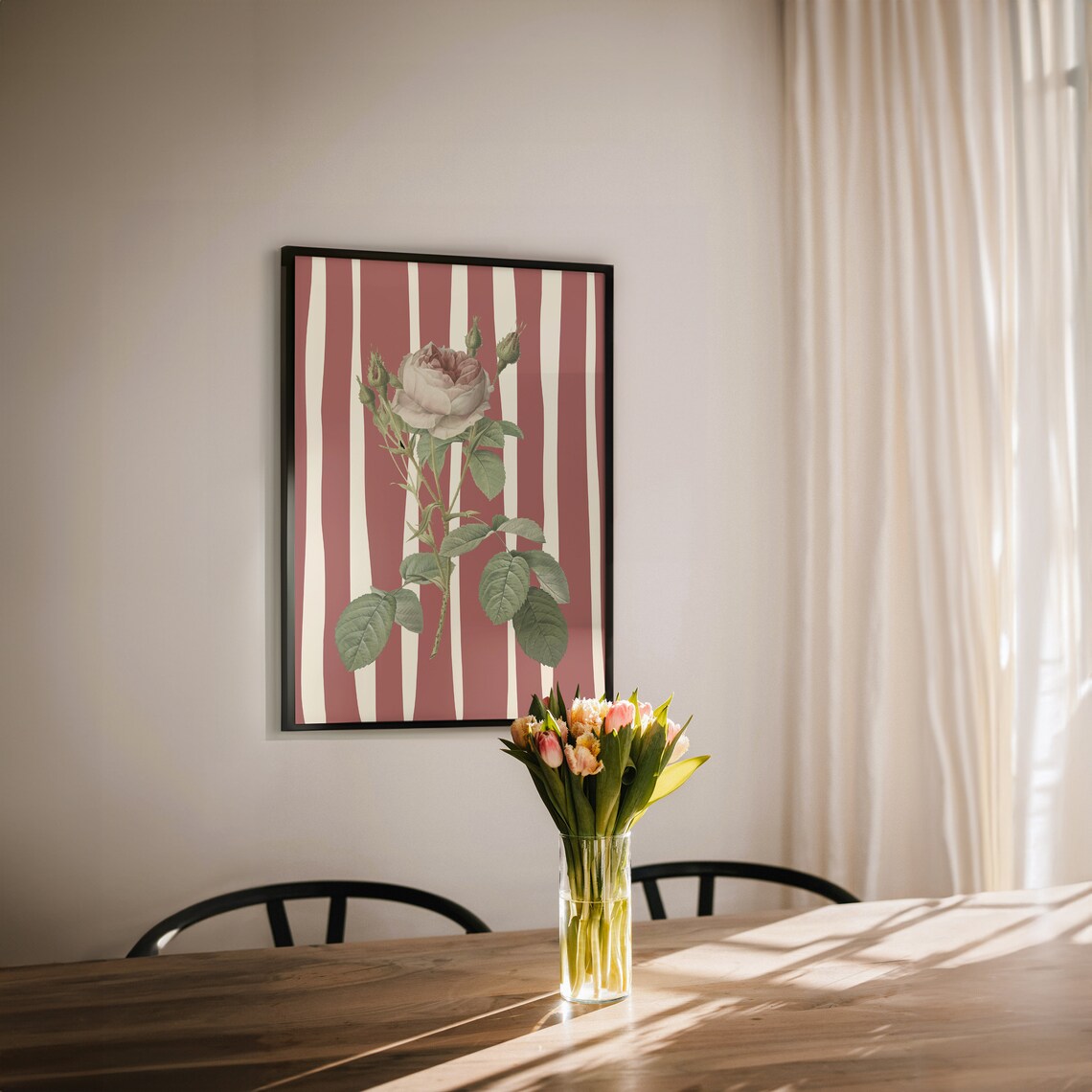Vintage Rose Botanical Red Striped Floral Retro Chic Decor Poster - Image 3