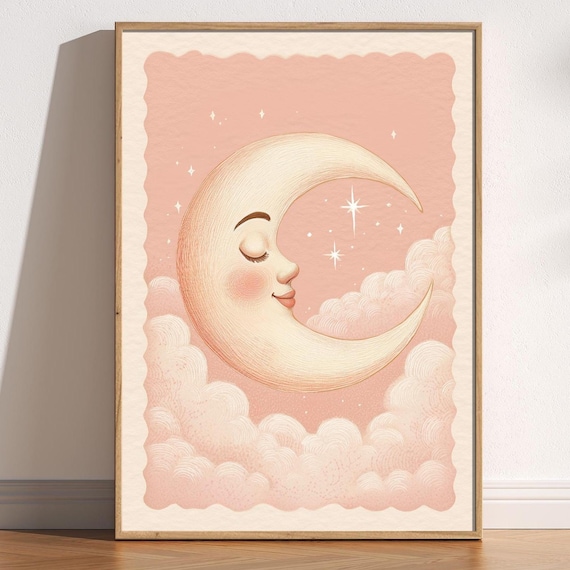 Sweet Sleeping Crescent Moon Vintage Kids Room Nursery Art Poster