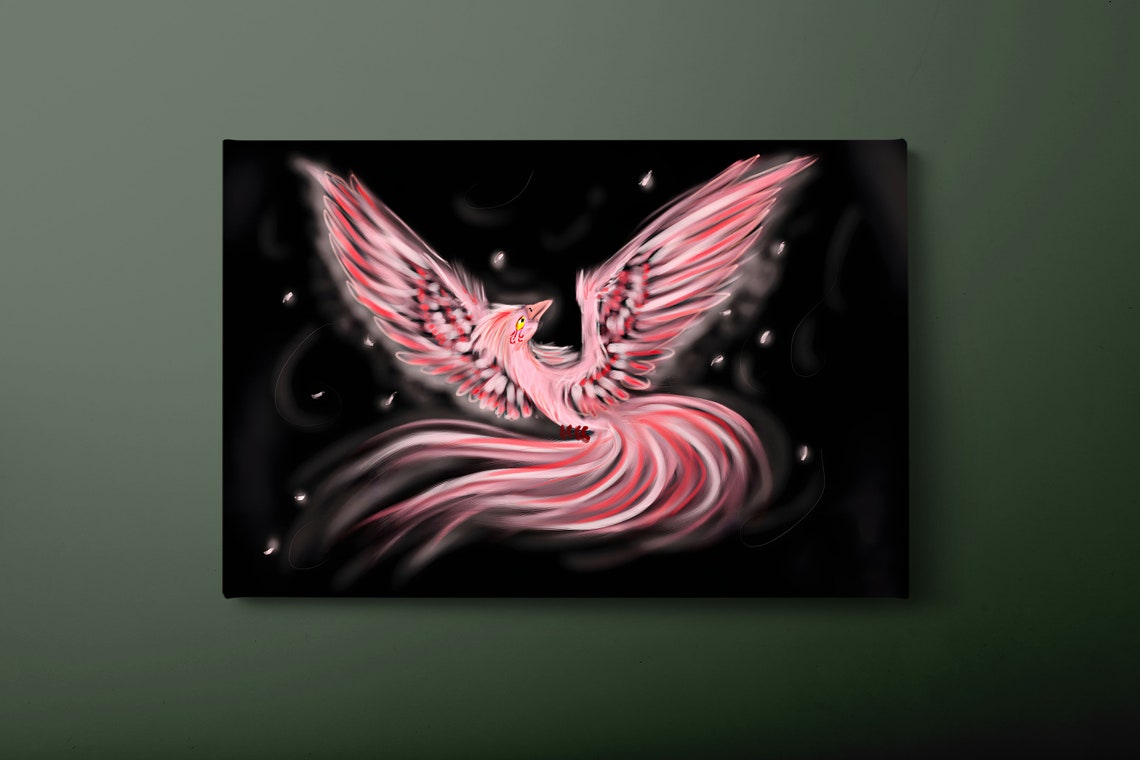 Pink Phoenix Simurgh Mythical Bird Illustration On Teal Wall Art