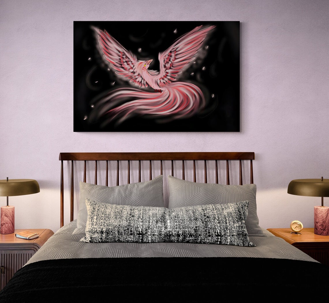 Pink Phoenix Simurgh Mythical Bird Illustration On Teal Wall Art - Image 2