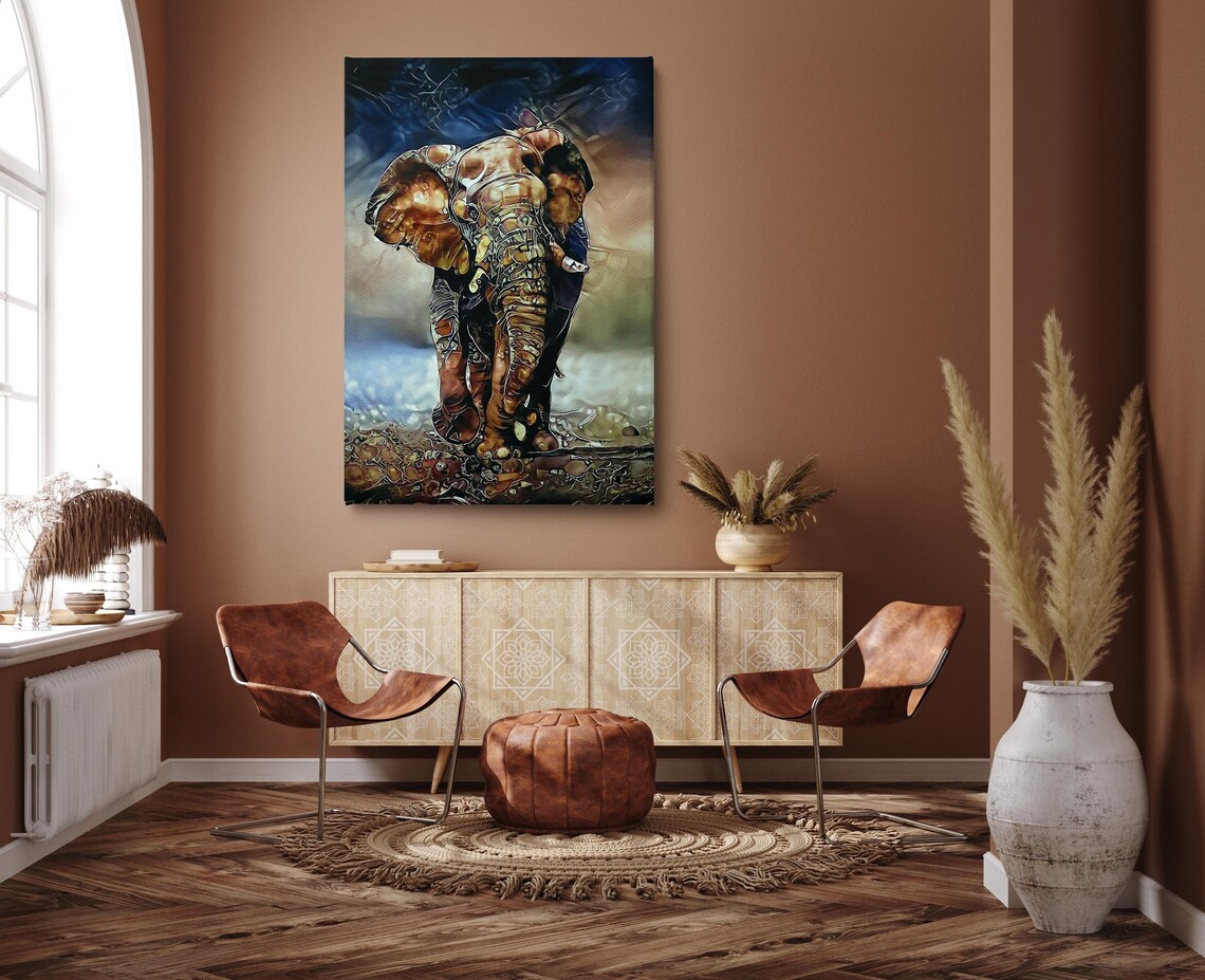 Golden Elephant Mosaic Blue Copper Tones Textured Wildlife Art Poster - Image 2