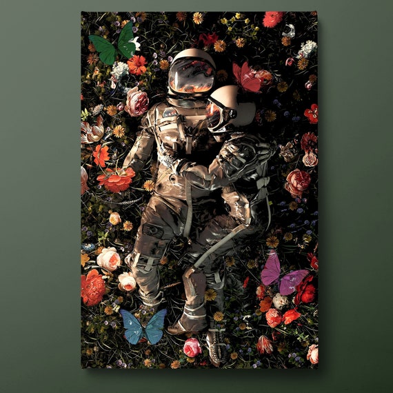 Love In Space Wall Art Nasa Astronaut Print Flowers And Butterflies Painting Ready To Hang