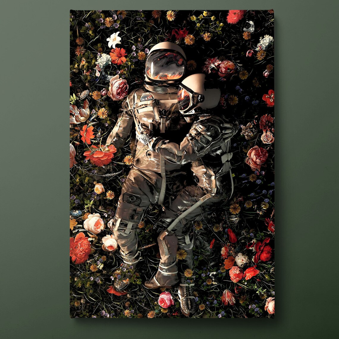 Astronaut Couple Embracing In A Field Of Flowers Surreal Art Poster