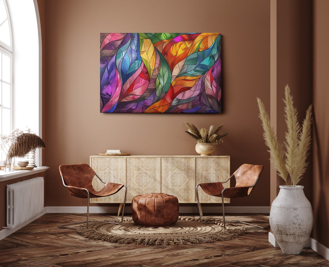 Rainbow Stained Glass Leaves Colorful Botanical Wall Art Decor Poster - Image 3