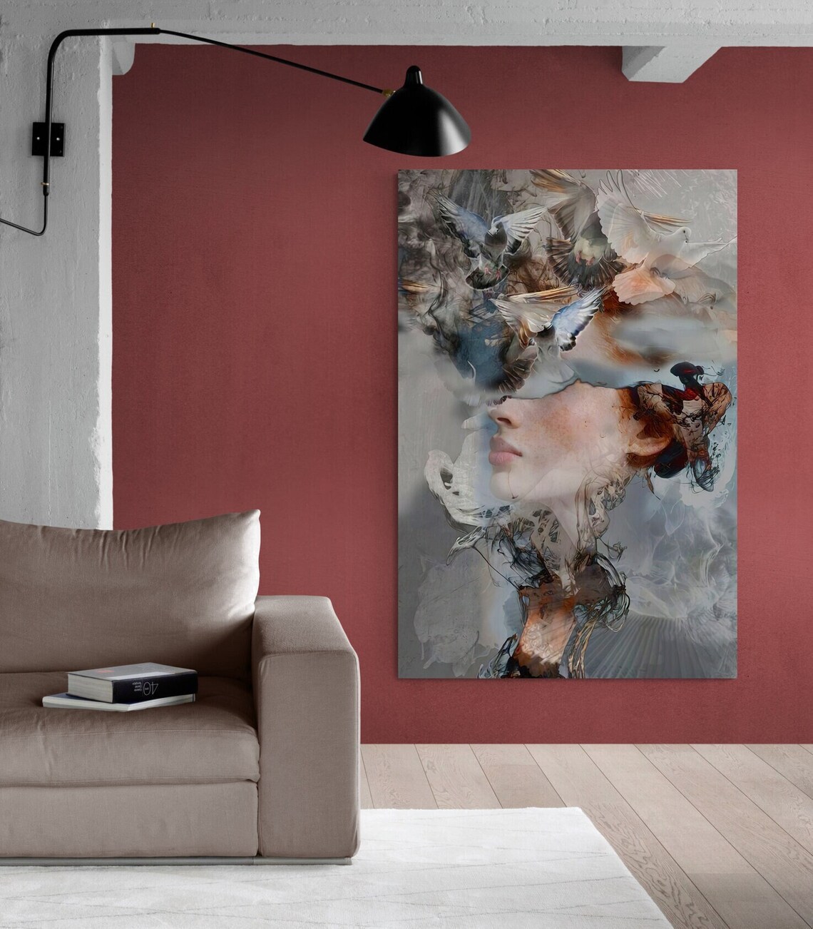 Surreal Woman Face and Birds Abstract Wall Art Print - Image 3
