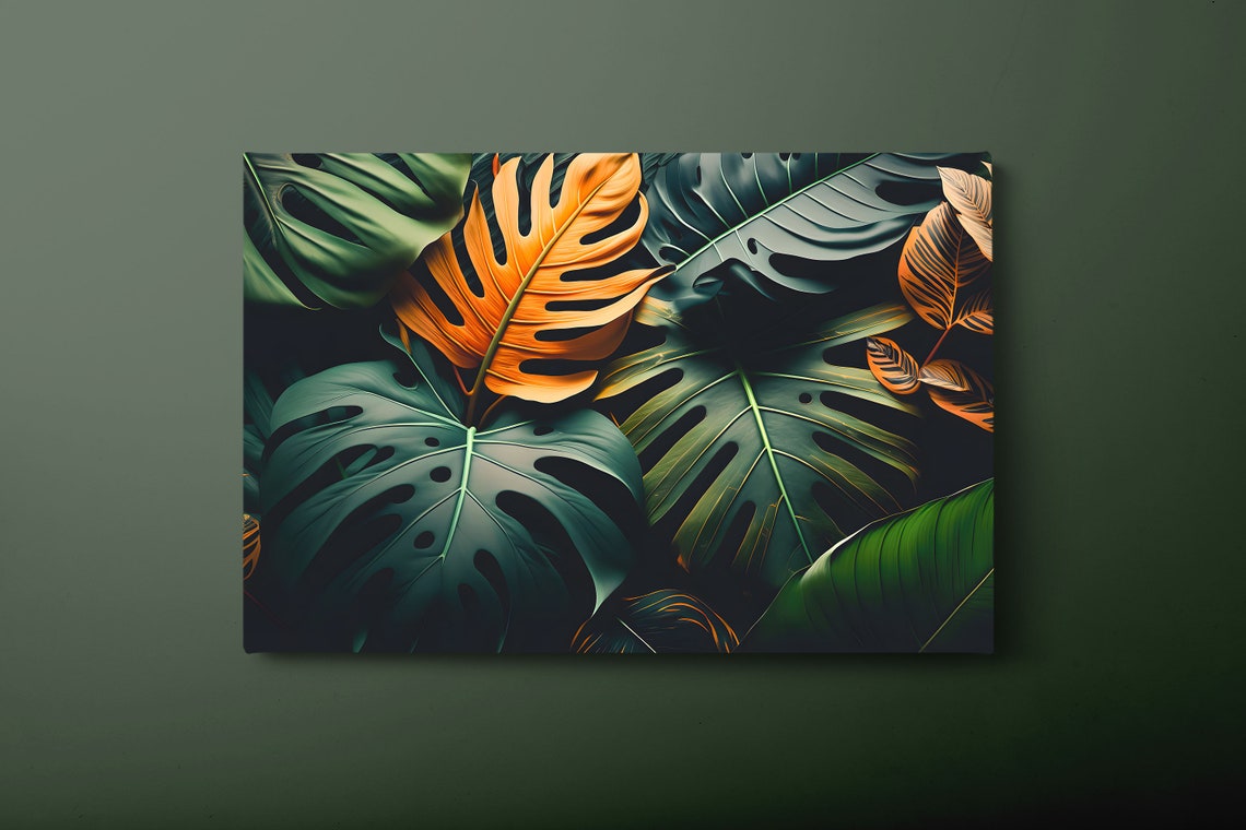 Dark Green Monstera Leaves With Orange Accent Botanical Art Poster