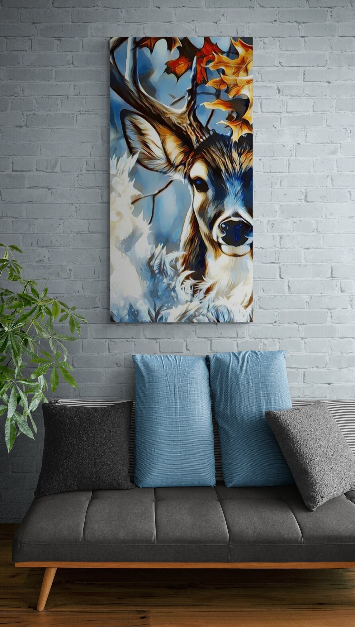 Red Deer Stag Portrait In Snow With Autumn Leaves Winter Wildlife Art - Image 2