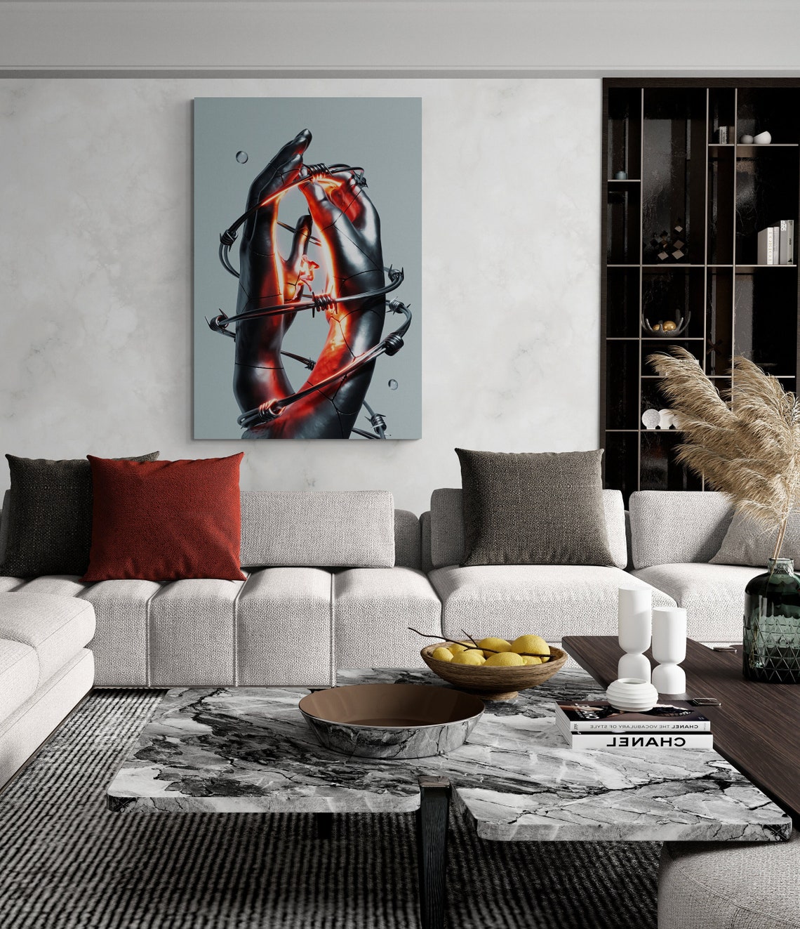 Barbed Wire Bound Metal Hands Fiery Ember Glow Surreal Wall Poster - Image 2