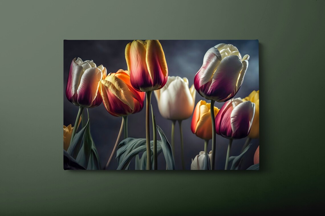 Elegant Tulip Flowers Close Up Dark Background Floral Art Poster