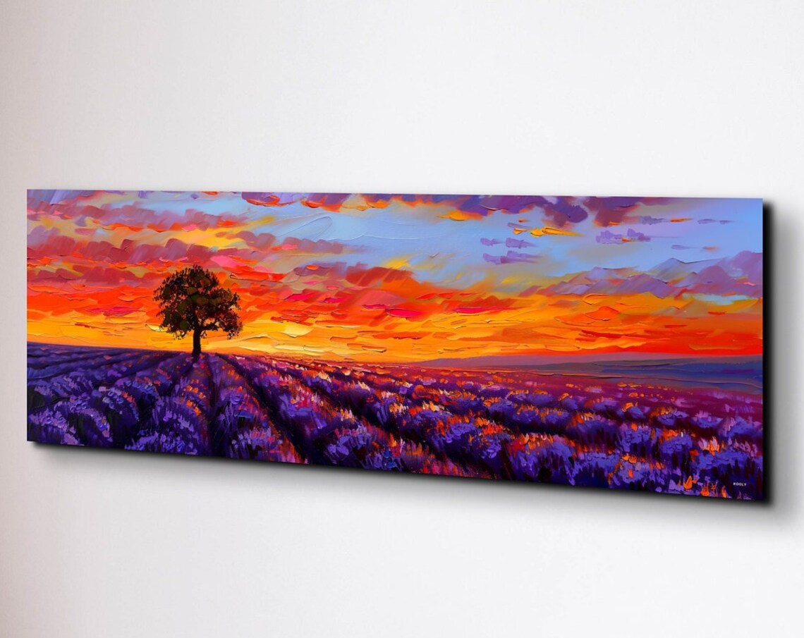 Lavender Field Sunset Lone Tree Impasto Oil Painting Floral Poster
