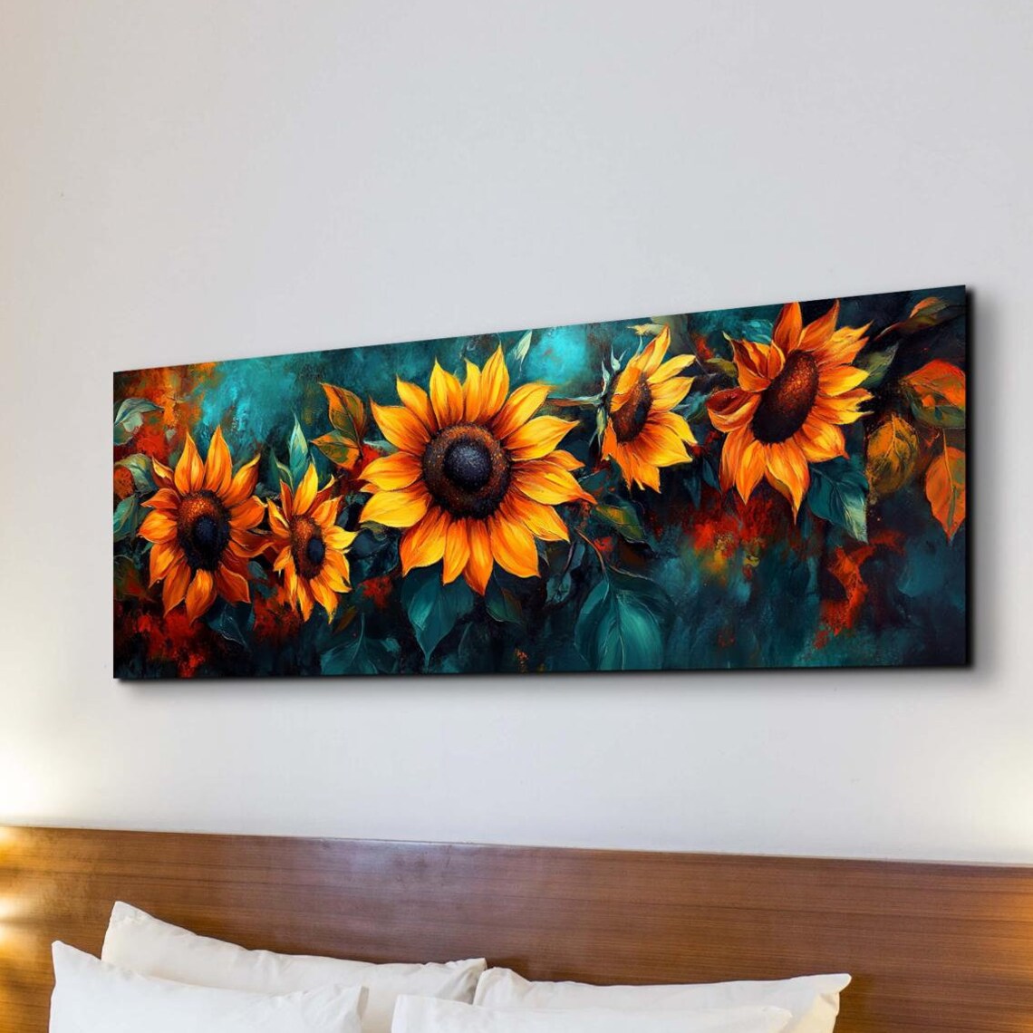 Impressionist Sunflowers Against Dark Teal Painterly Art Poster
