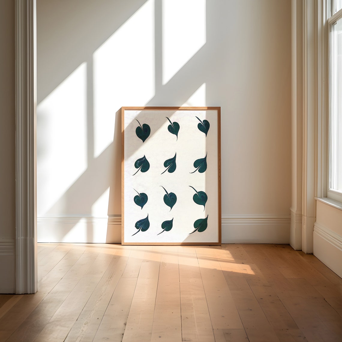 Twelve Green Heart Leaf Pattern Minimalist Botanical Grid Art Poster - Image 3