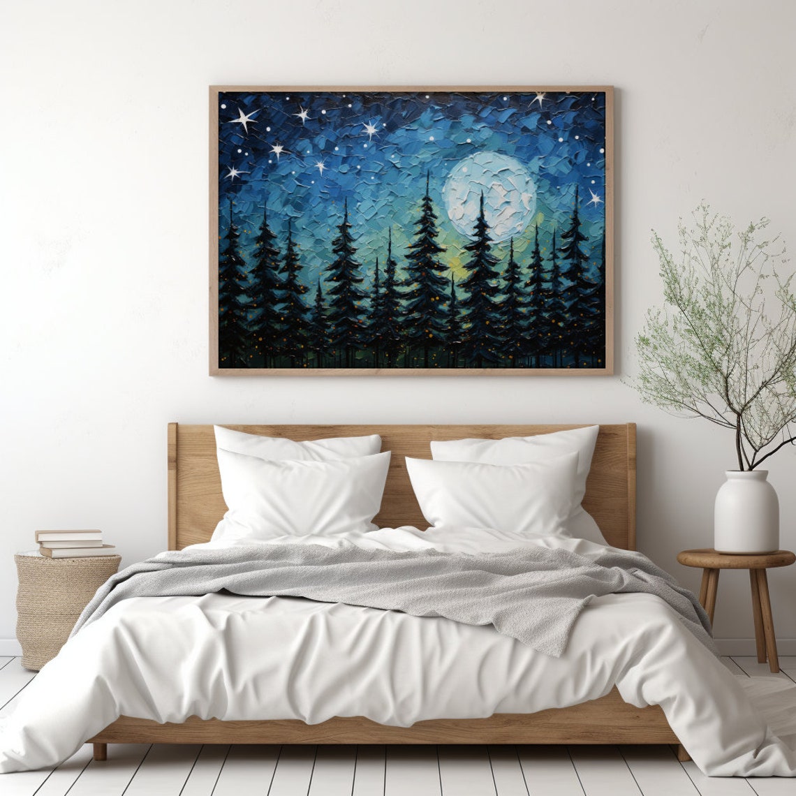 Starry Night Sky Pine Tree Silhouette Art Print - Image 4