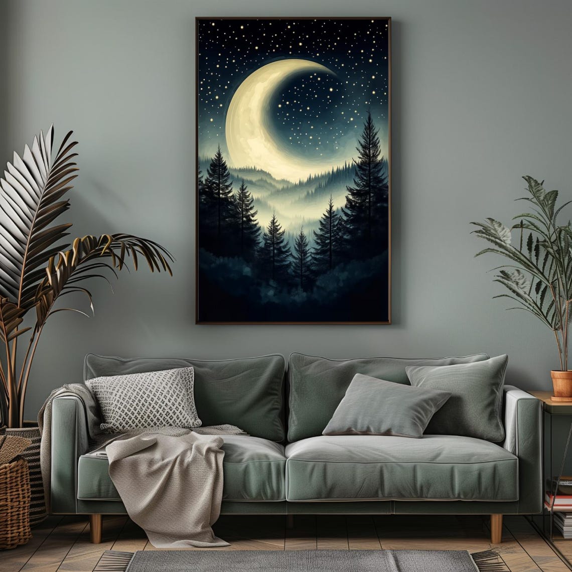 Crescent Moon Starry Night Sky Painting Surreal Misty Mountain Forest Print Celestial Moody Dark Academia Moon And Stars Wall Art - Image 6