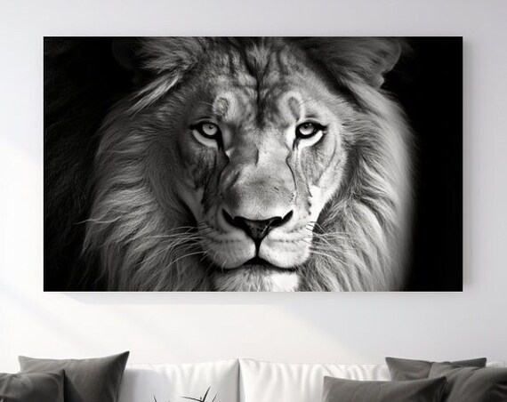 Lion King Portrait Black White Mane Big Cat Wildlife Wall Art Poster
